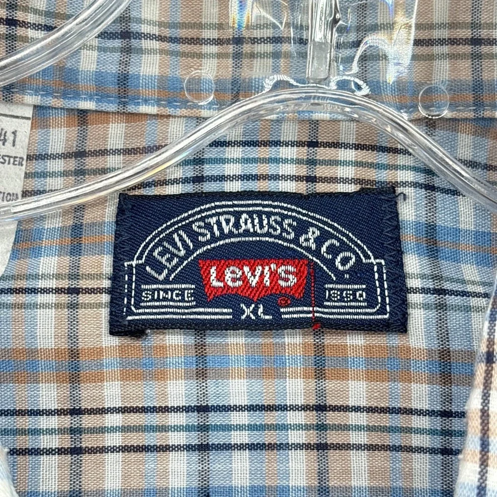 Vintage Levis Shirt Mens XL Blue Beige Plaid Workshirt Pockets Made USA‎ 70s